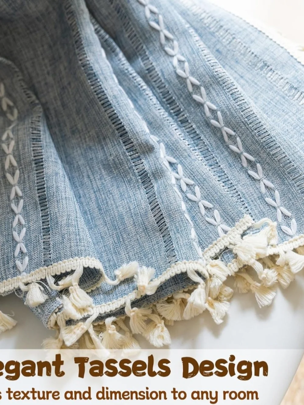 Boho Blue And White Striped Curtain With Fringed Edges- Elegant Window Drape NIB